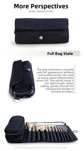 Macro detail of foldable makeup brush roll with PVC protective flap and elastic closure