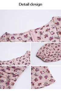 Detail design of pink floral top featuring invisible back zipper and elastic ruffled cuffs
