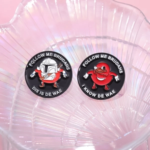 Anime enamel pins featuring cartoon characters and memes on a decorative pink shell tray