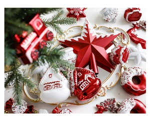 Flat lay of red Christmas ornaments with house charms, star topper, and doughnut baubles