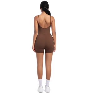 Women's backless brown yoga bodysuit with spaghetti straps and u-back for fitness