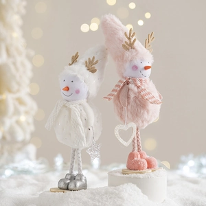 Cute pink and white plush snowman Christmas figurines with cozy scarves and reindeer antlers