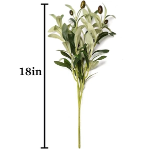 Artificial olive branch 18 inches tall with green silk leaves and dark olives on white