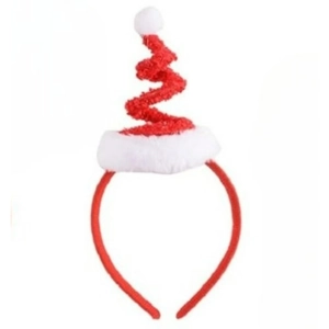 Detail of red spiral Christmas hat headband with white pom-pom and plush texture