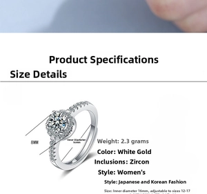 Detail specifications of an adjustable silver ring with 8mm zircon stone and pave setting