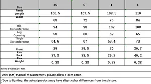 Size chart with measurements in cm for blazer and straight trousers suit set