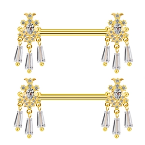 Bijoux de téton fleurs dorées avec zircons blancs et pendentifs glands en cristal
