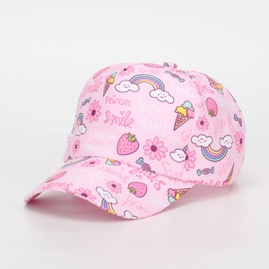 Detailed view of kids pink baseball cap featuring colorful cartoon prints and twill fabric
