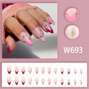Unghie finte a mandorla rosa stile francese con stelle dorate, set da 24 pezzi