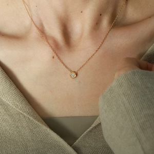 Minimalist gold-plated stainless steel necklace with hexagonal zircon pendant on model