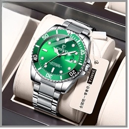Close-up of CHENXI green dial diver watch with stainless steel band and date window