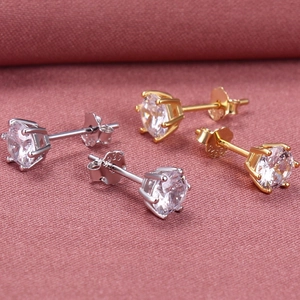 Classic Round Zircon Stud Earrings With 925 Sterling Silver Earring Post Six Prong Jewelry For Men And Women