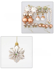 Detailed view of champagne gold and rose gold Christmas ornaments including snowflakes and balls