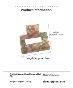 Detailed dimensions of 5cm pink and green floral marble pattern acetate hair claw clip