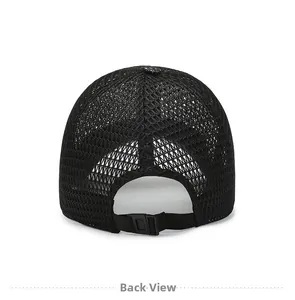 Detail of breathable black mesh baseball cap showing adjustable back strap and texture