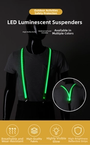 Green LED glowing safety suspenders on gray shirt for night visibility and protection