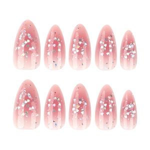 Pink ombre almond press-on nails with holographic silver heart glitters and sequins