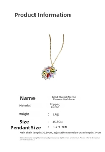 Detailed view of gold plated flower necklace with colorful zircon inlay measurements
