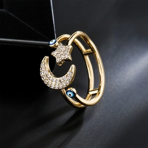 Golden star and moon open ring with Evil Eye enamel and sparkling zircon accents