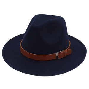 Detailed view of navy blue fedora hat with brown leather belt and silver metal buckle