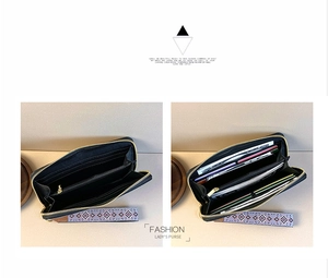 Detail view of women's long wallet showing multi-slot interior for cards and cash