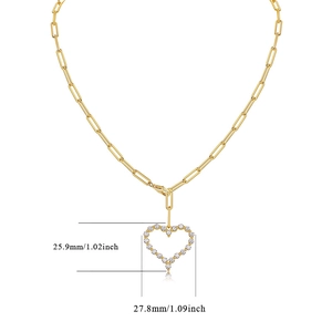 Detailed size specifications of the gold heart pendant on a paperclip chain necklace