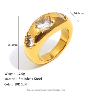 Minimalist 18K gold plated stainless steel dome ring with three round zircons
