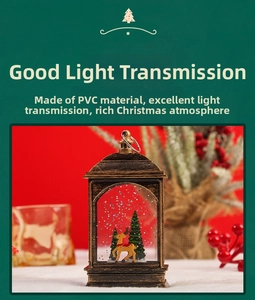 Close-up of PVC Christmas lantern featuring reindeer, trees and silver glitter sparkles