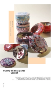 Detailed macro of soy wax candle in ethnic tin with dried flowers and cotton wick