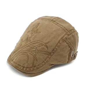 Khaki-Baumwoll-Baskenmütze mit floraler Stickerei und verstellbarem Riemen hinten