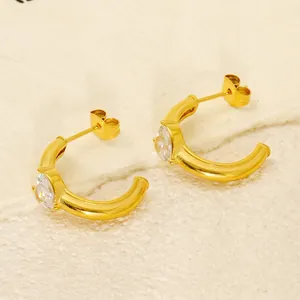 Minimalist 18k gold plated C-shaped earrings with pear-shaped clear zircon stone