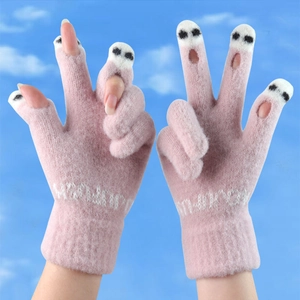 Pink knitted winter gloves with cute cartoon design and finger openings for touchscreen use