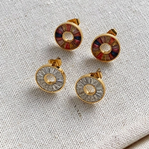 Stainless Steel Round Stud Earrings With Colorful Baguette Cubic Zirconia Hollow Circular Jewelry For Women