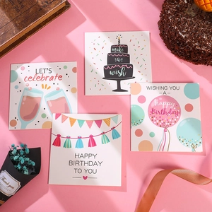 Set of 4 elegant birthday greeting cards with party designs on a pink background