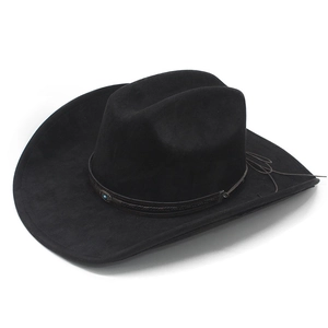Detail of black suede western cowboy hat featuring a braided band and turquoise stone