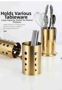 Close-up of golden stainless steel holder showing ventilation holes and large capacity