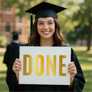 Black graduation gown and cap set with gold foil letter sticker board for ceremonies