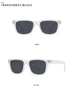 Classic round sunglasses in transparent frames with black lenses, front and side views