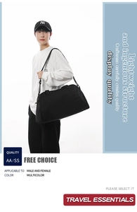 Model carrying a lightweight black large-capacity duffel bag for gym and travel.