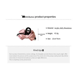 Detail view of pink satin bow hair claw clip with rhinestones and product dimensions