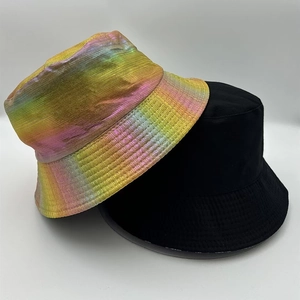 Iridescent metallic pleated bucket hat and classic black cotton sun hat for outdoors