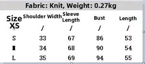 Size chart for women's striped knit cardigan showing shoulder, sleeve, bust and length data