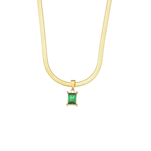 Close-up of a 18K gold-plated flat snake chain with a rectangular emerald green pendant