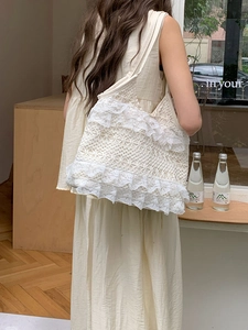 Chic white lace crochet tote bag for women, large capacity shoulder bag for summer beach