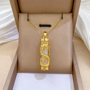 Dragon Pendant Necklace Stainless Steel Chain Gold Plated Copper Faux Jade Chinese Style Vintage Elegant Jewelry Women