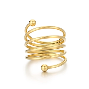 Fashionable gold multi-layer spiral stainless steel ring with double beads on white background