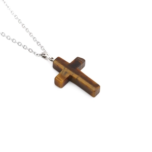 Stainless steel chain necklace with tiger eye stone cross pendant in brown and gold
