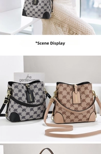 Detail view of stylish monogram bucket bags in gray and khaki with adjustable straps
