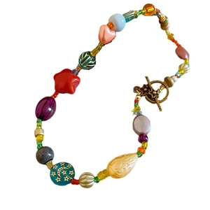 Handmade colorful ceramic flower beaded necklace with vintage golden OT toggle clasp