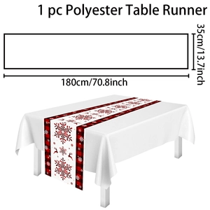Polyester table runner detail with red plaid pattern and Christmas reindeer dimensions